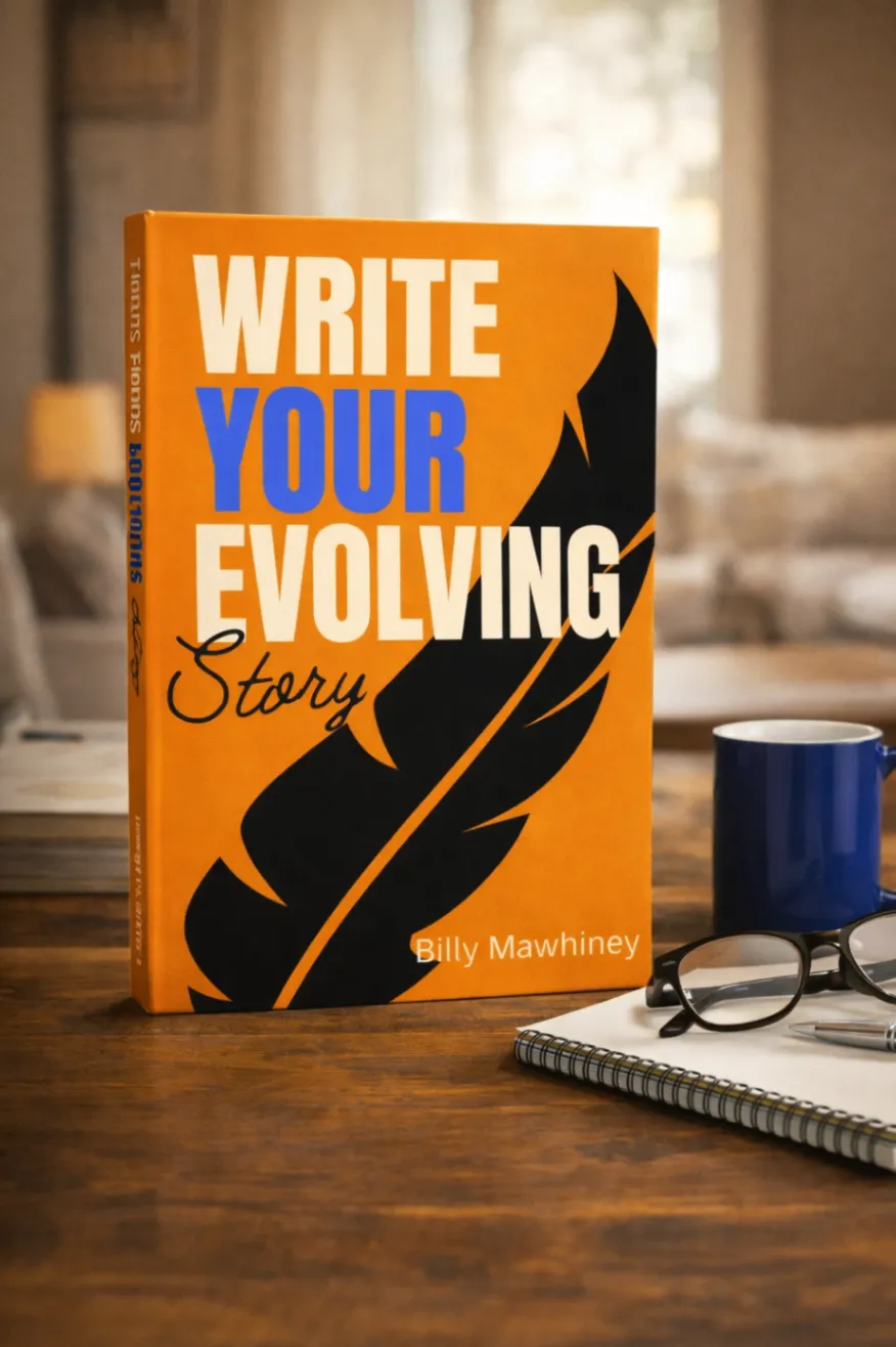 Write Your Evolving Story on a desk with a notebook and coffee